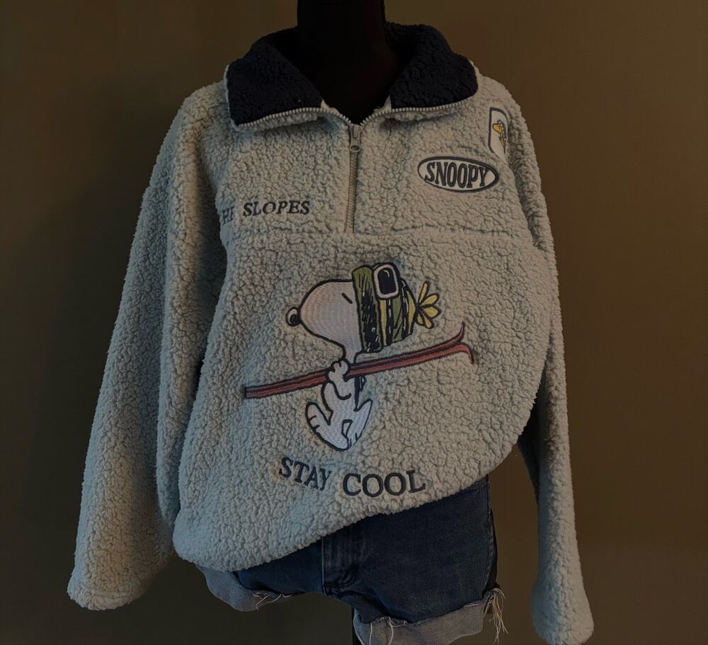 Peanuts Snoopy Skiing Sherpa Fleece Quarter Zip Pullover Light Blue
